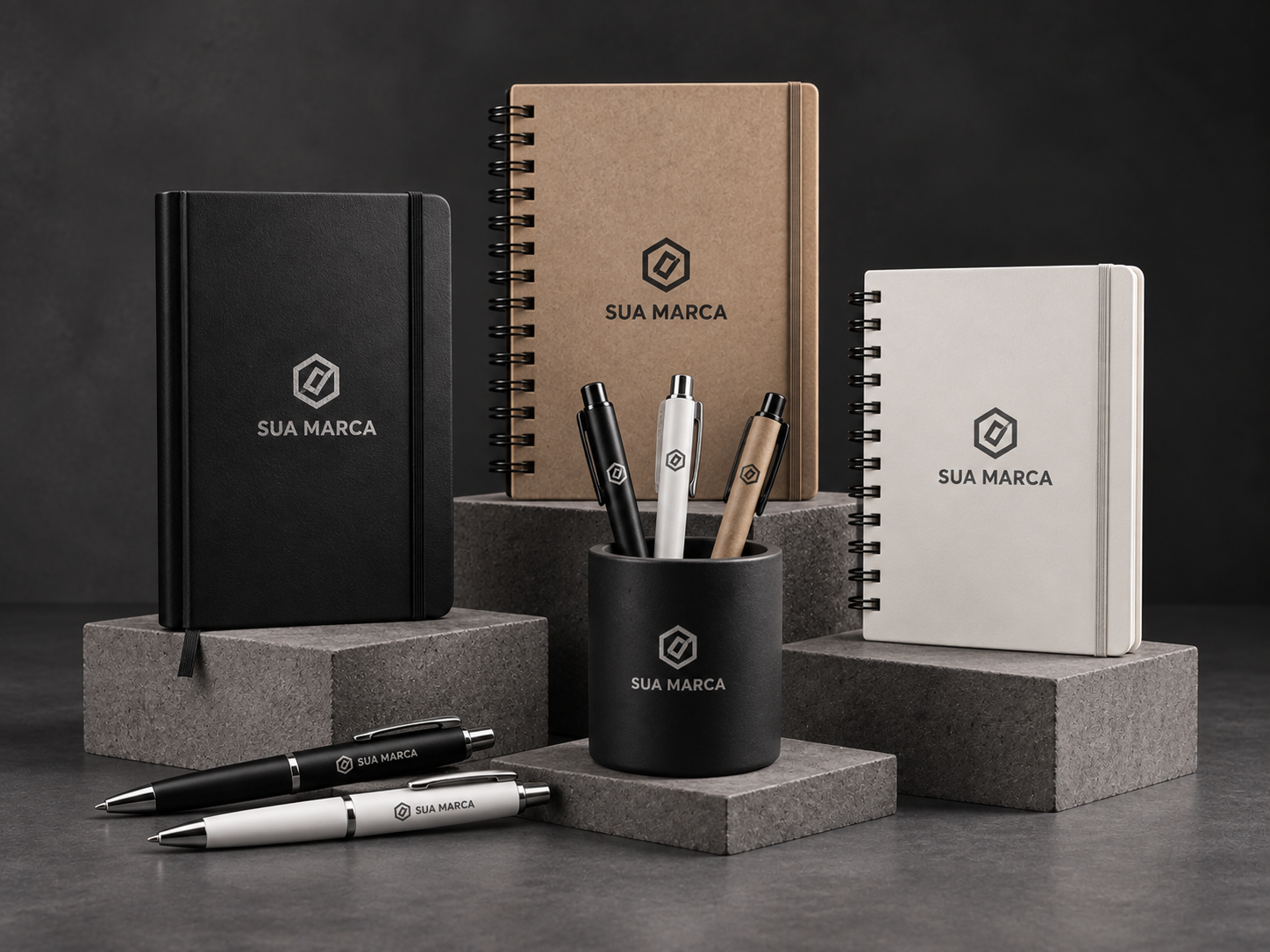 Cadernos e canetas personalizado com a marca da empresa