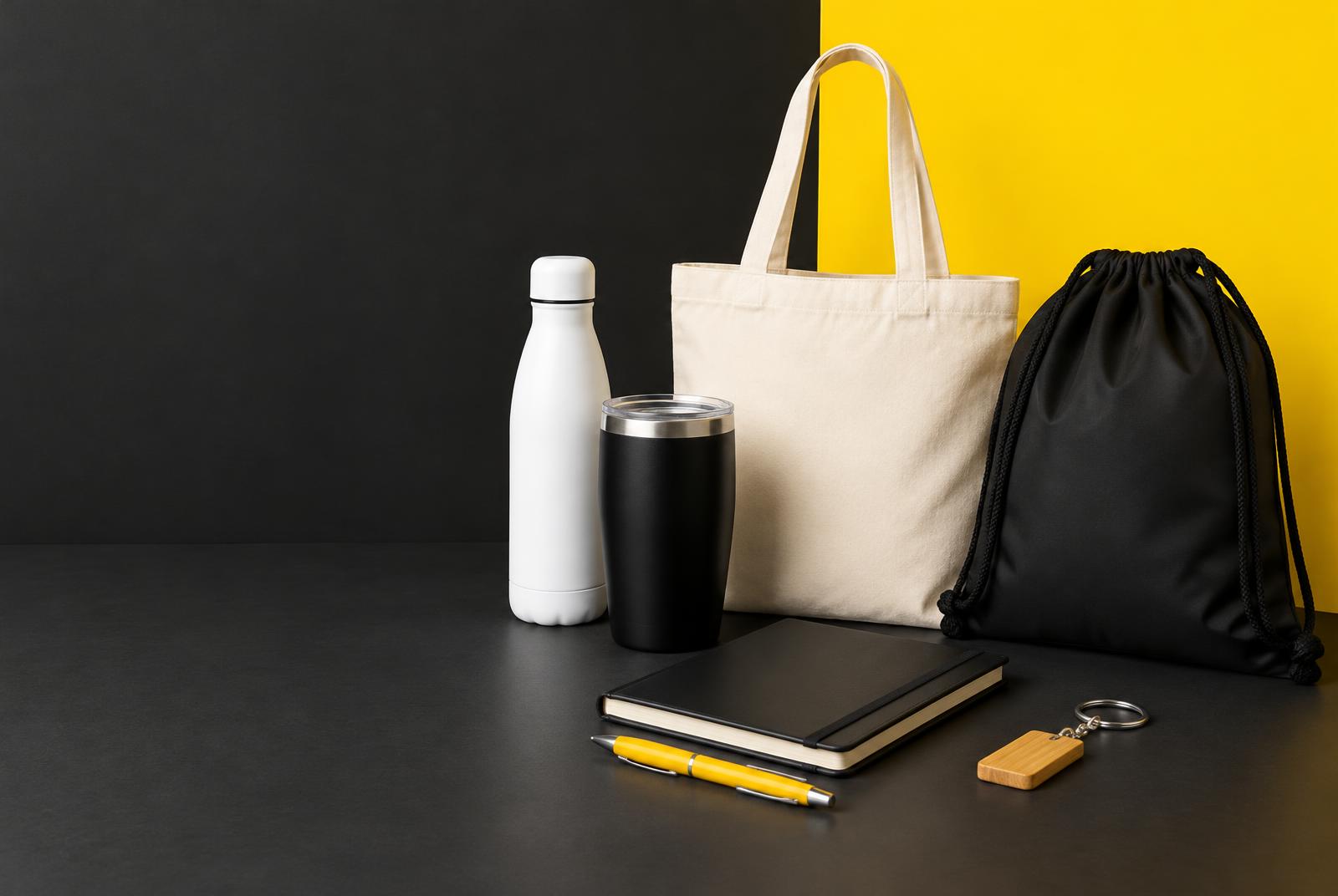 Brindes corporativos ilustrativos: garrafa, copo térmico, caderno, caneta, ecobag, sacochila e chaveiro